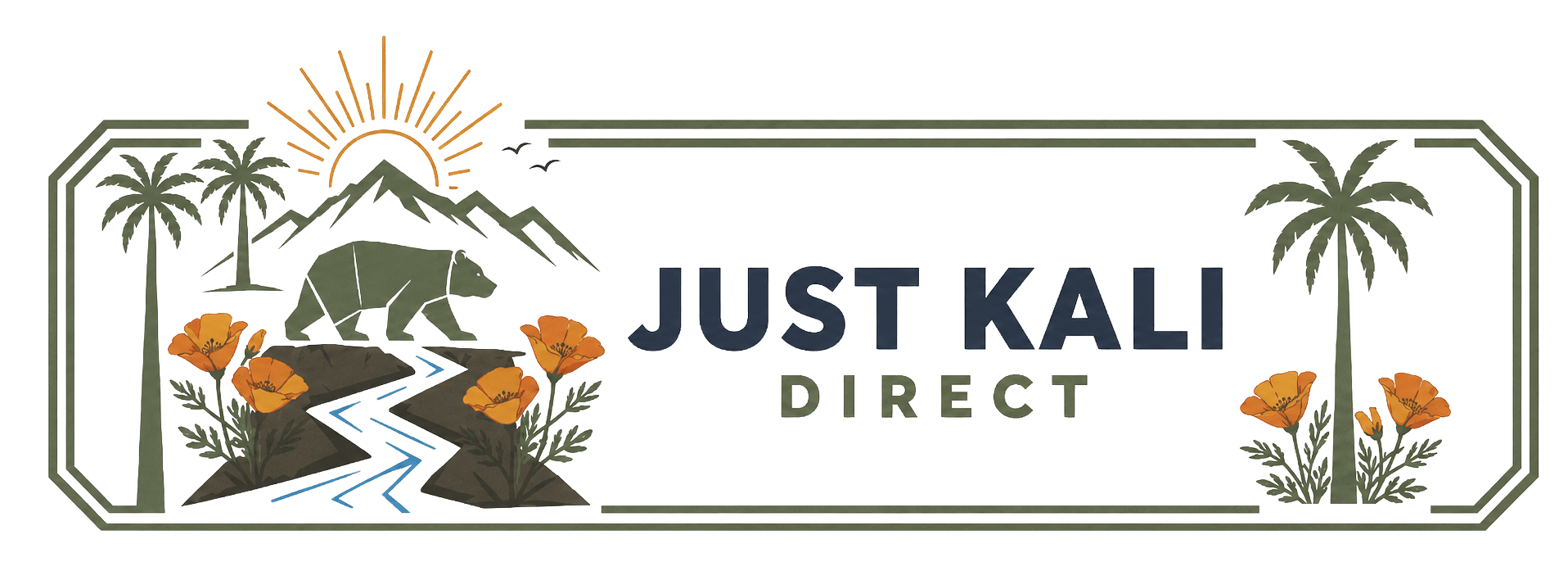 Just Kali Direct logo featuring California mountains, palm trees, a bear, a river, and California poppies.